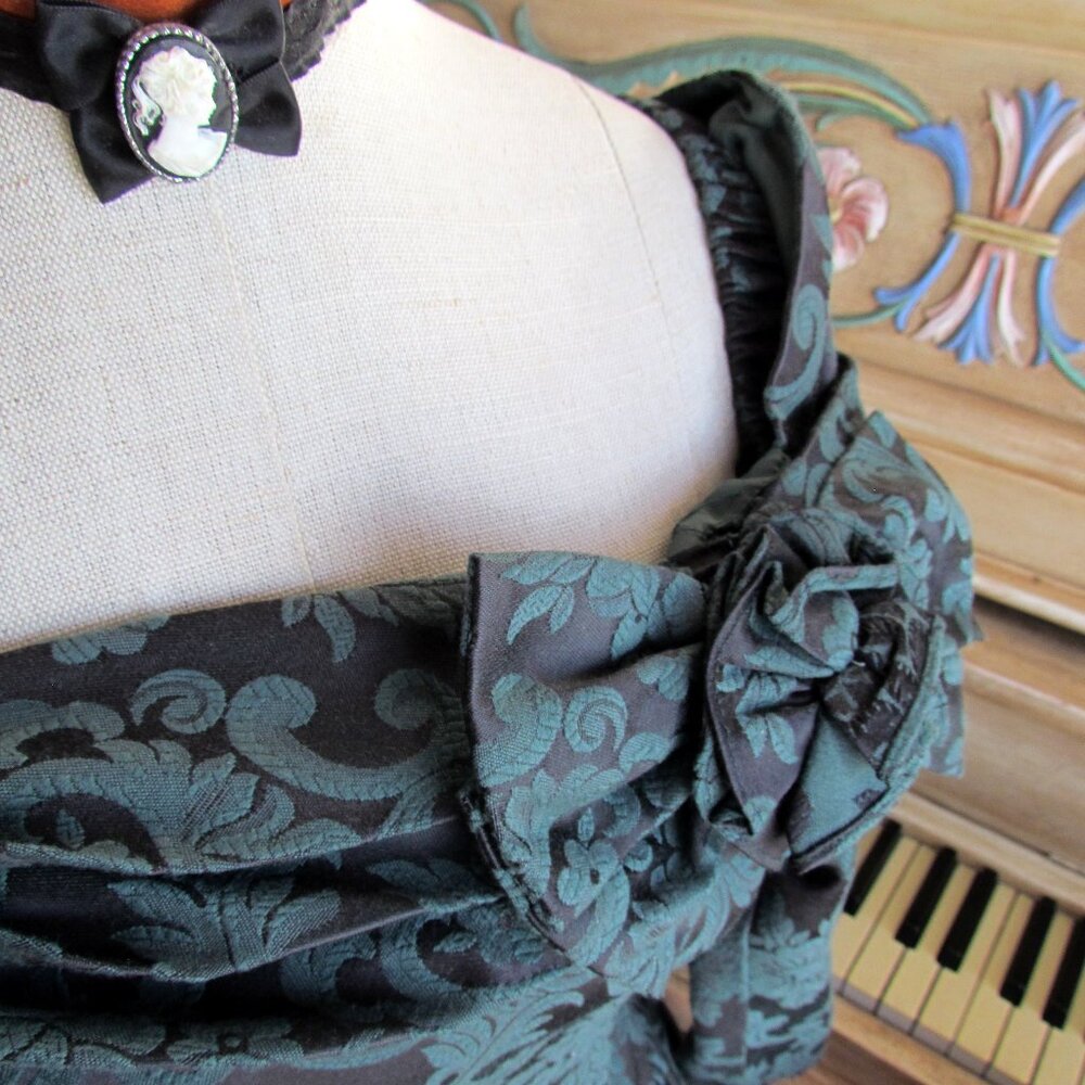 JESSICA McCLINTOCK BROCADE DRESS, 6, DARK GREEN OFF-SHOULDER ROMANTIC VINTAGE - Picture 9 of 13